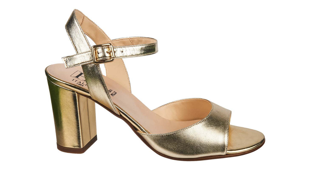 ladies two strap pale gold heeled leather sandals