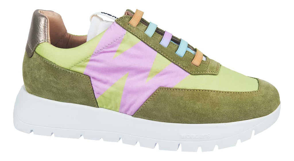 Wonders ladies multi coloured green suede trainer with fabric