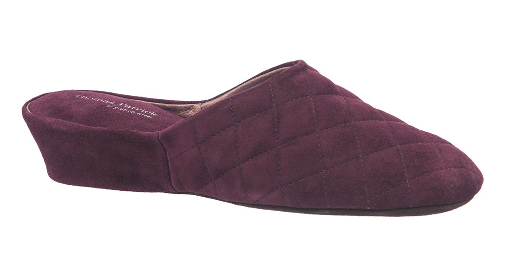 Thomas Patrick women's slippers in wine quilted suede