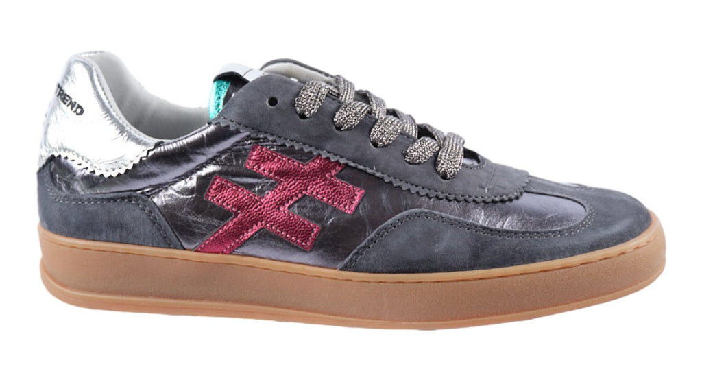 Dark grey metallic leather and suede trainer