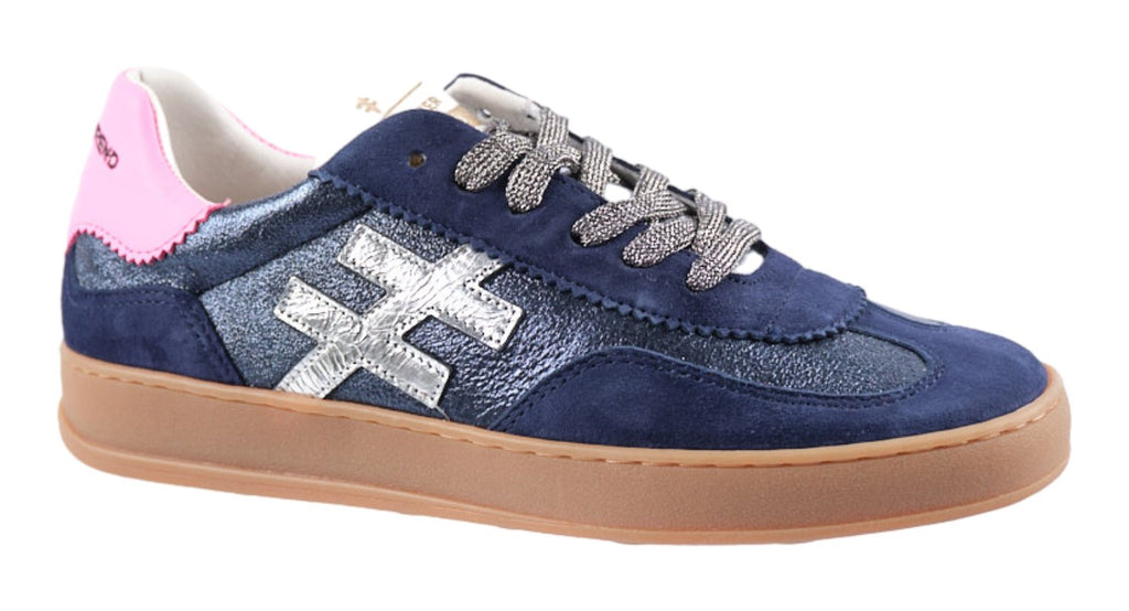 Navy leather and suede with pink detailing