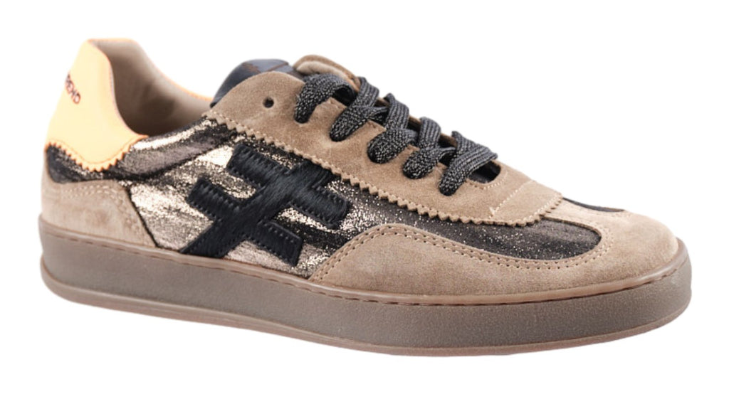 Taupe suede and metallic leather trainers