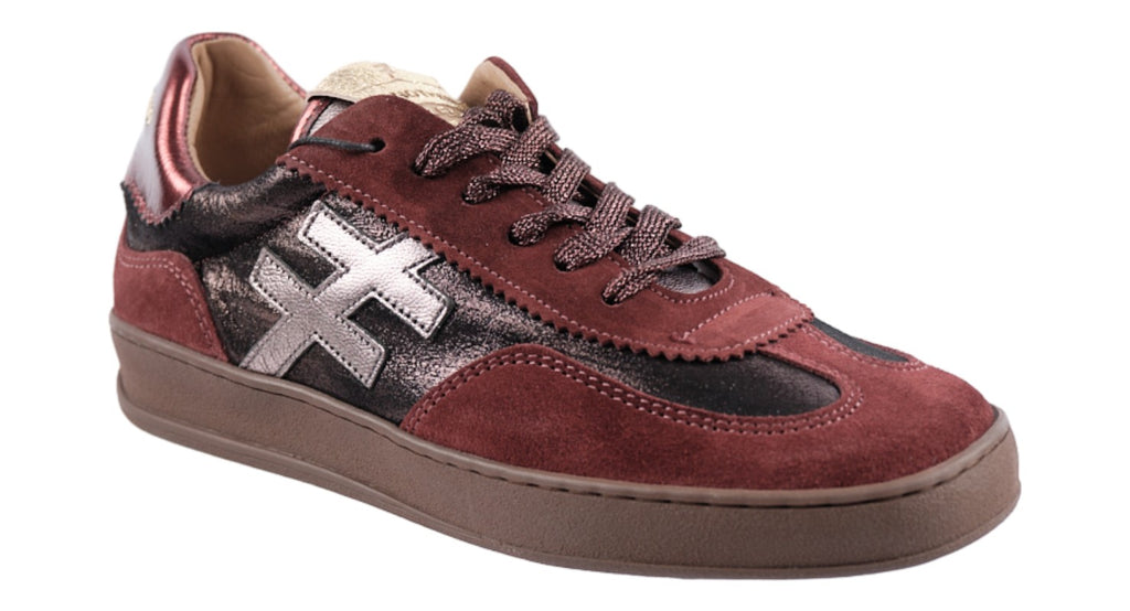 Wine suede sneakers with metallic leather detailing
