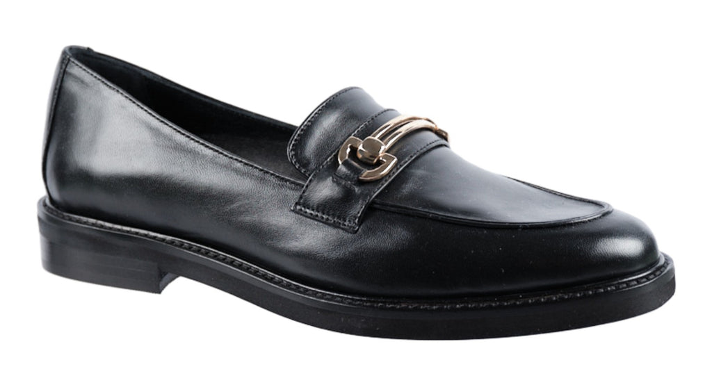 Black soft leather Italian loafers with gold trim. 25mm heel