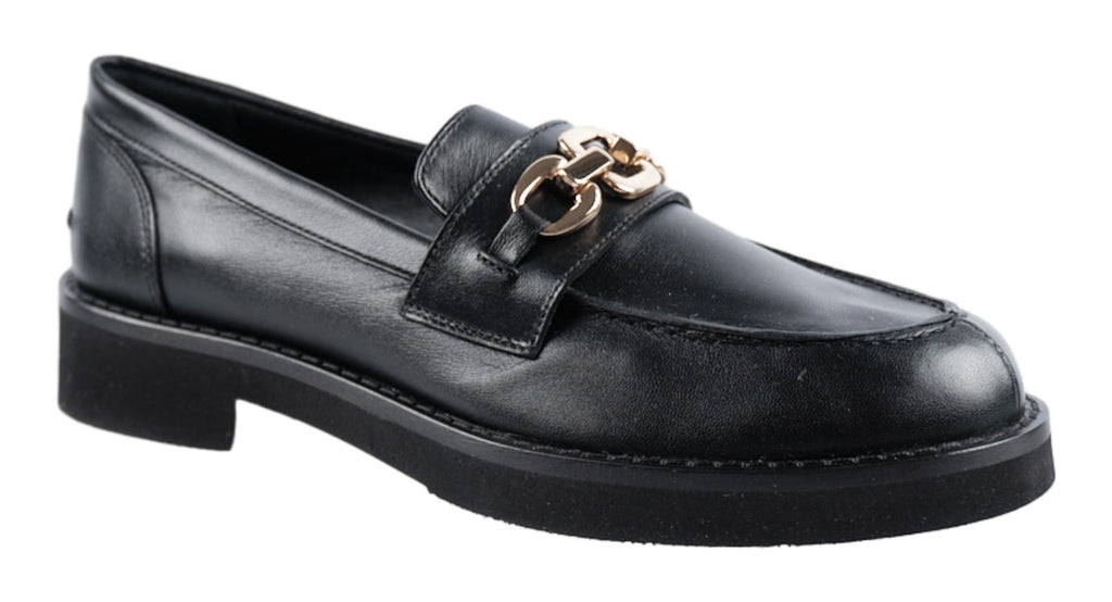 Black soft leather loafer with gold trim