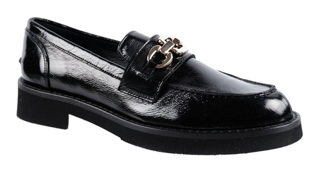 Black soft patent leather loafers with gold trim