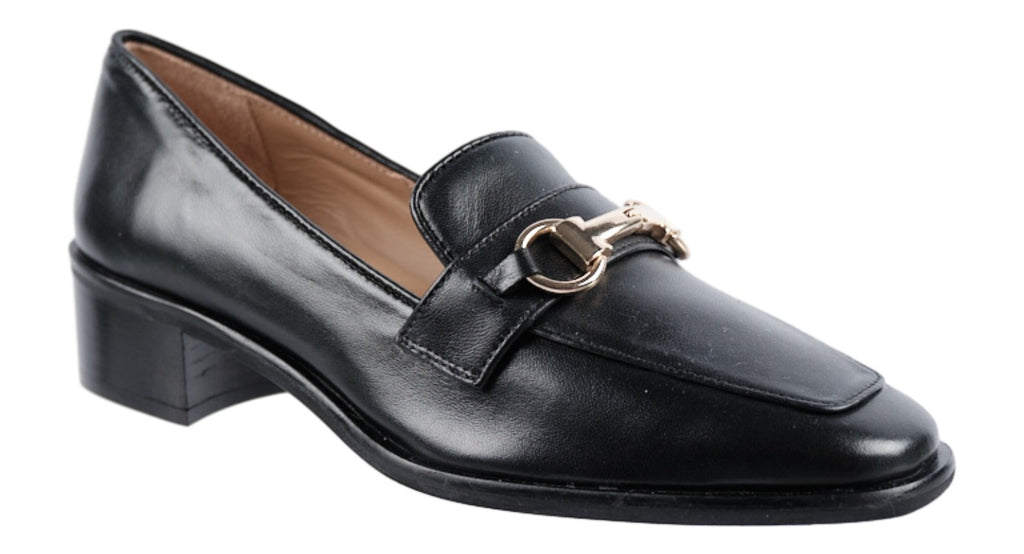 Black soft leather loafer with gold chain detailing. 35mm heel