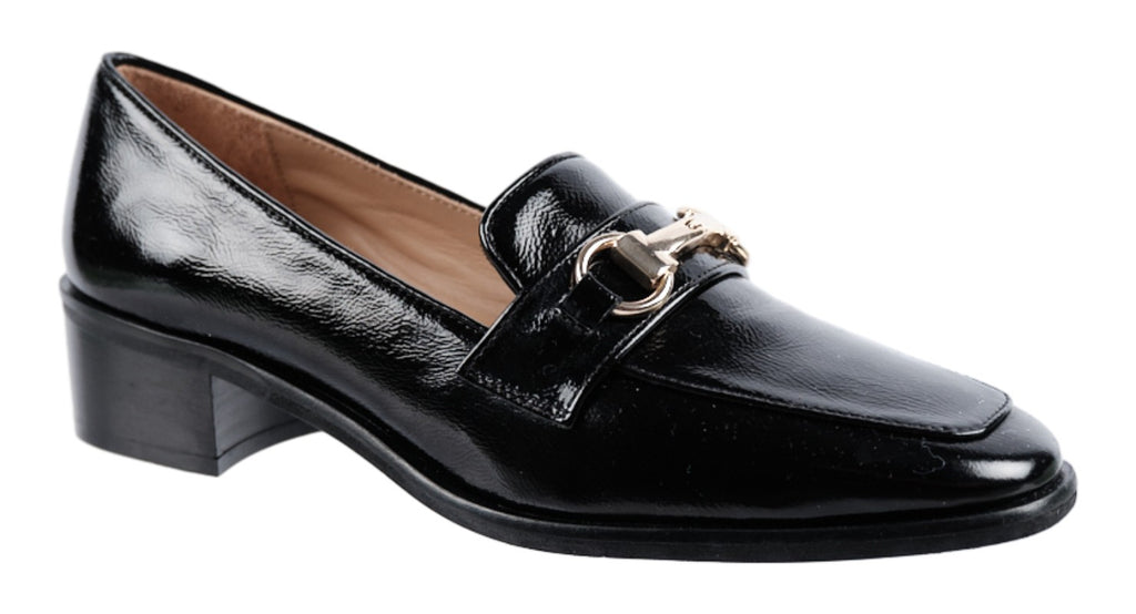 Black soft patent leather loafer with gold chain detailing. 35mm heel