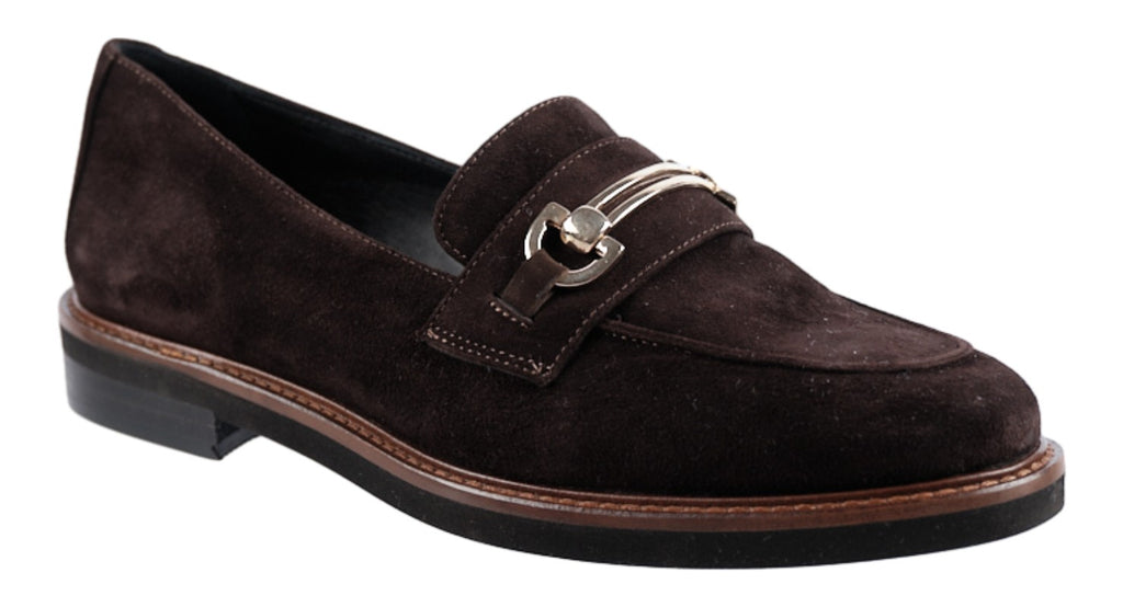 Brown suede Italian loafers with gold trim
