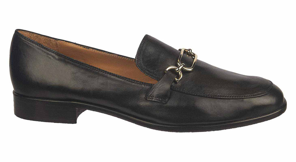 Black soft leather Italian women's loafers with a low heel