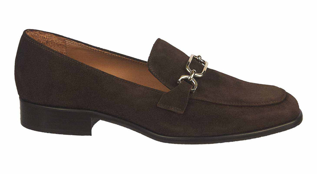 Brown suede low heel women's loafers