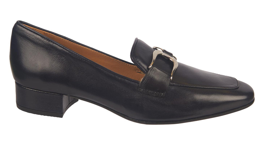 Ladies navy leather heeled loafers