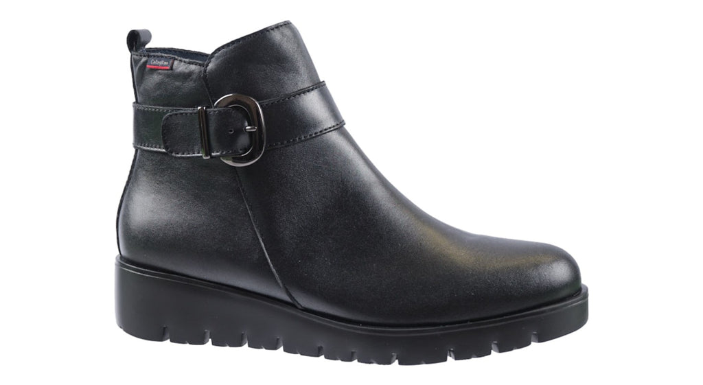 Black leather flat ankle boots with strap and buckle detailing