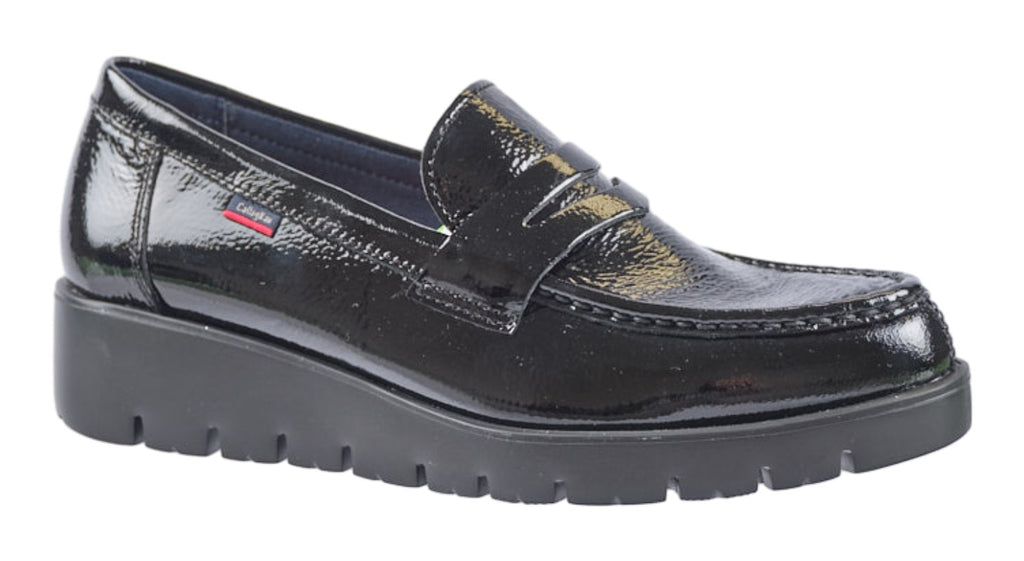 Soft black coloured patent leather wedge loafer 