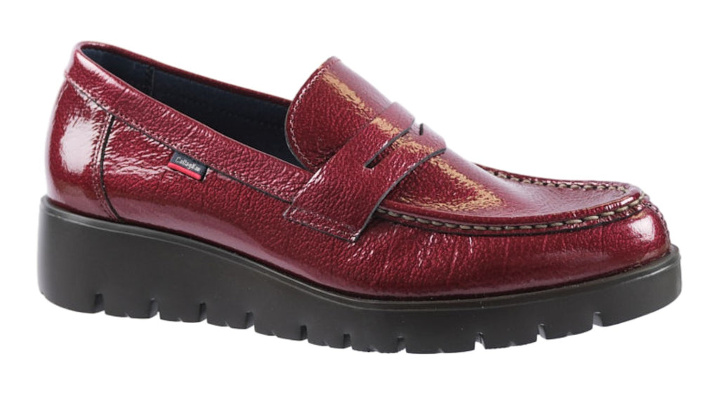 Soft wine coloured patent leather wedge loafer 