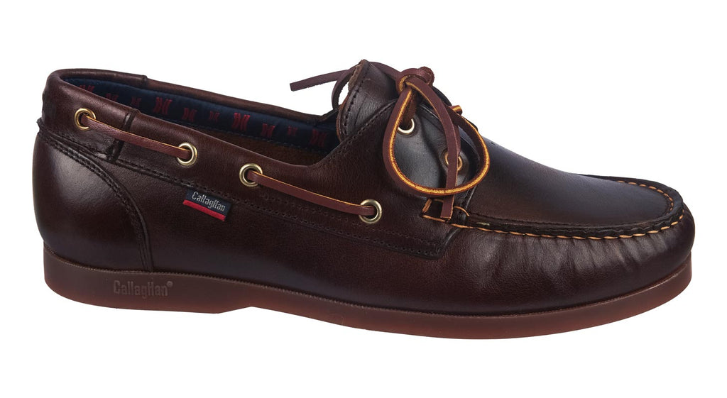 Callaghan men's deck shoe in dark tan waxed leather