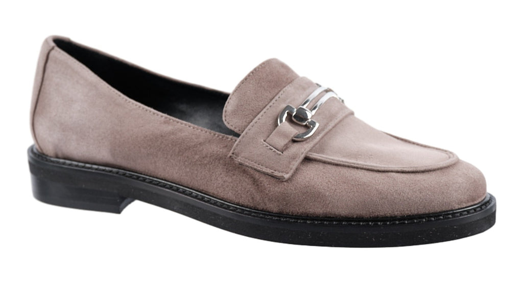 Taupe suede Italian loafers with silver trim
