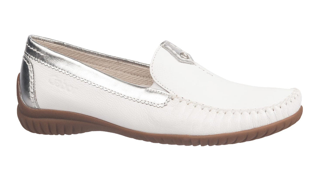 Gabor shoes white leather loafers with silver detailing.