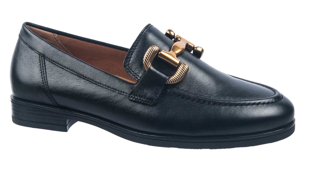Gabor black leather ladies loafers with gold trim
