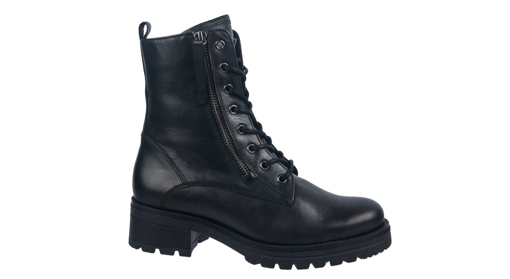 black leather laced ankle boots with zip and low heel