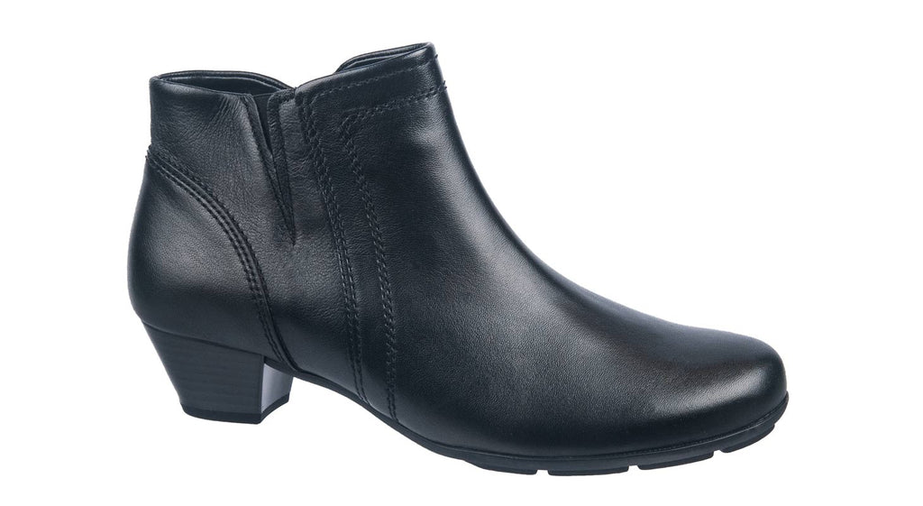 Black leather low heeled ankle boots