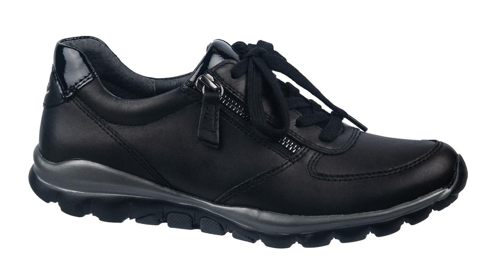 Gabor black leather and patent leather trainer with side zip and laces.