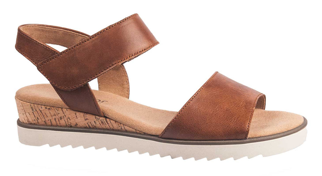 tan leather sandals with slight wedge heel