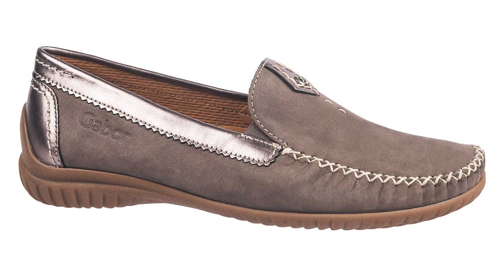 Taupe nubuck leather ladies loafers with metallic leather detailing
