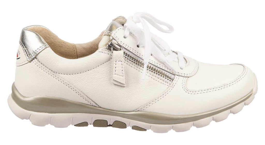 White Gabor sneakers with silver leather detailing. Side zip and laces