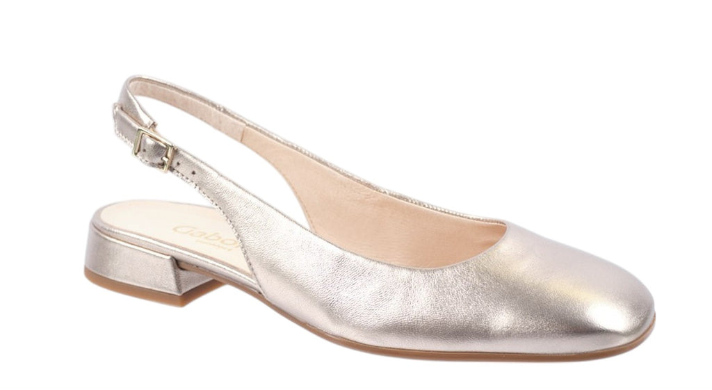 Gold leather low heeled slingback flat. G fitting