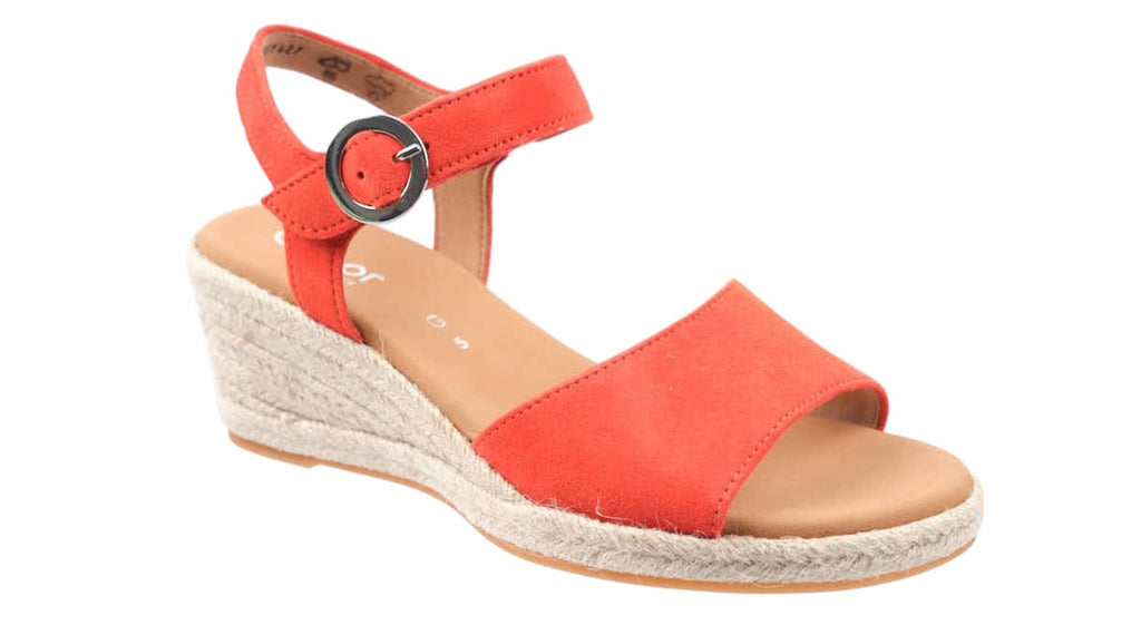 Orange suede espadrille wedge sandals with ankle strap