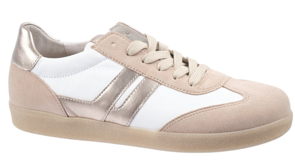 Cream leather and beige suede trainer with gold leather detailing