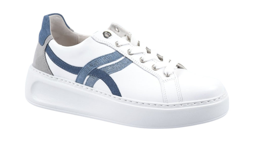 White leather trainer with blue detailing