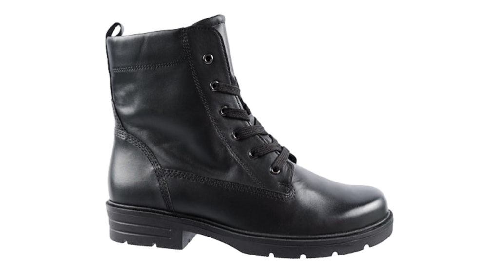 Black leather laced flat boots.