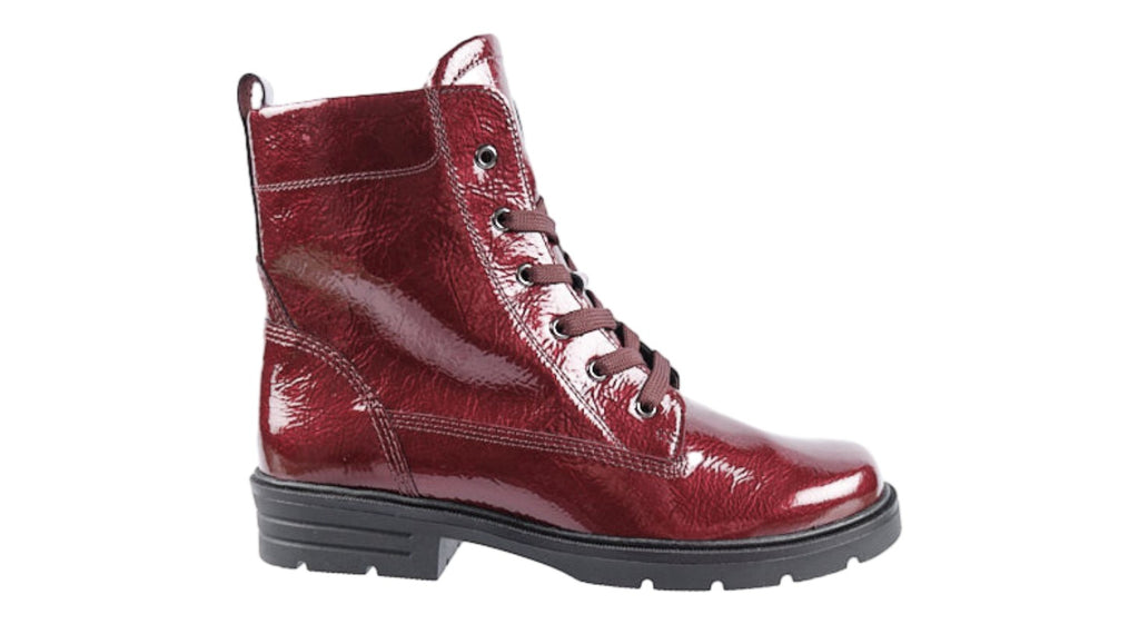 Wine patent leather laced boot