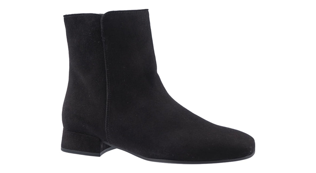Black suede ankle boots with low heel