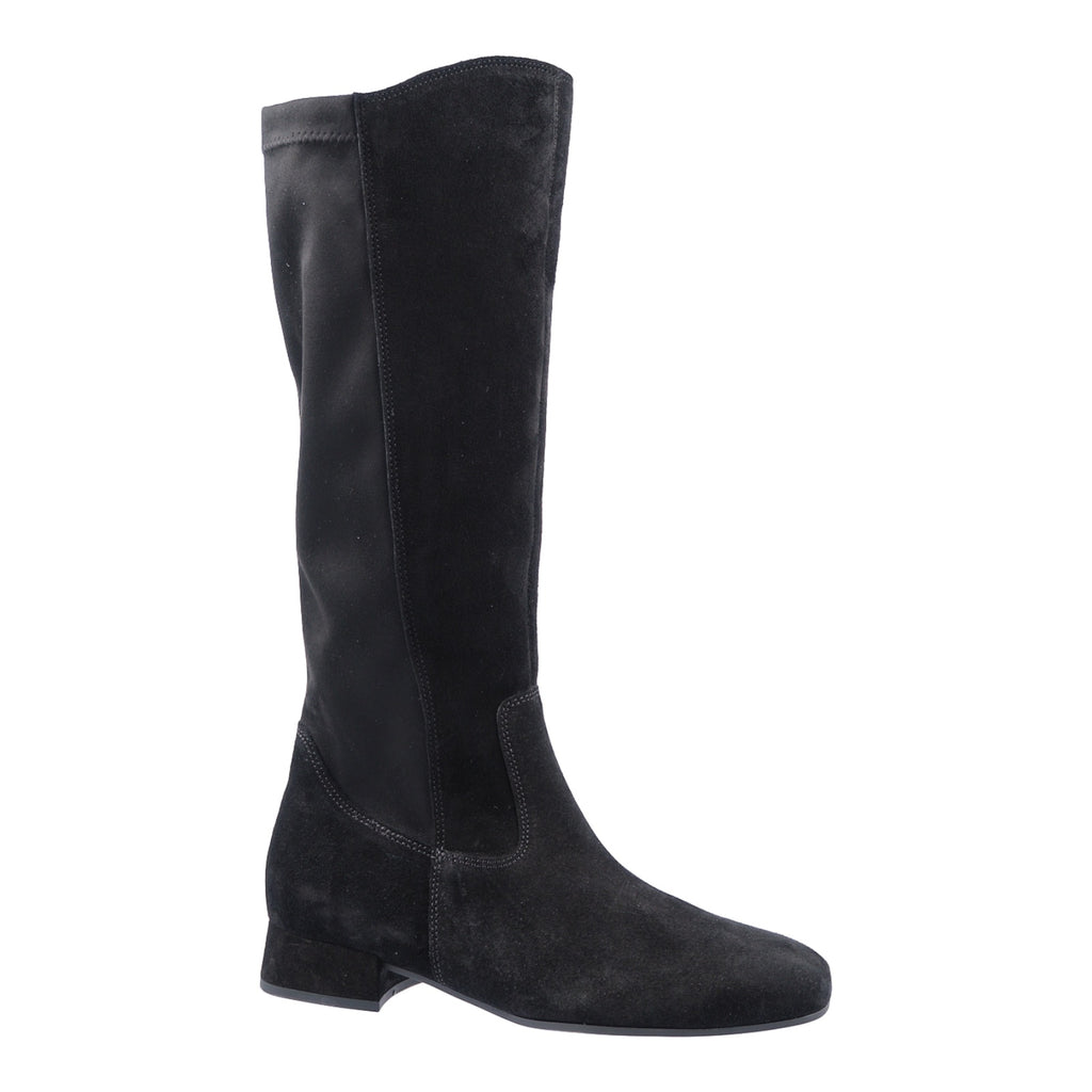 Black suede knee high boot with stretch back panel