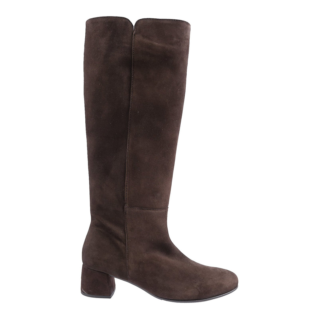 Dark brown suede knee high boot with block heel