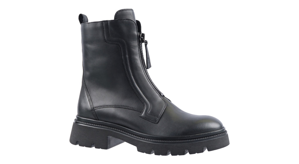 Black leather front zipped boots on a chunky sole 