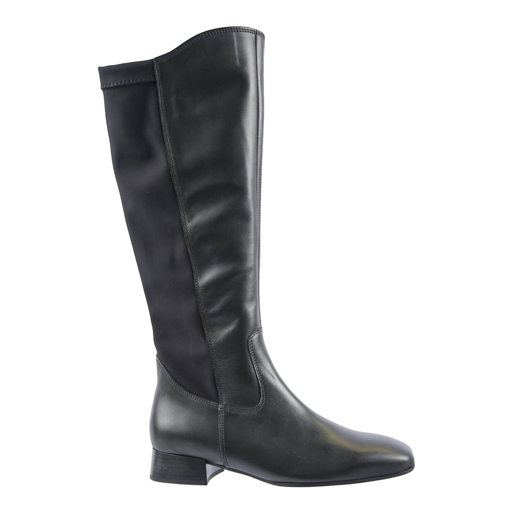 Black leather knee high boots with elasticated back.