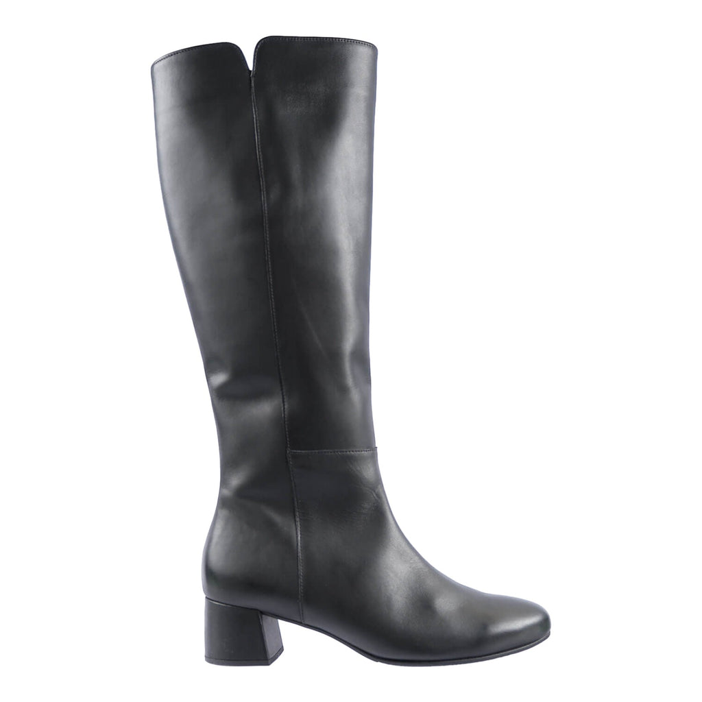 Black soft leather knee high boots with mid heel.