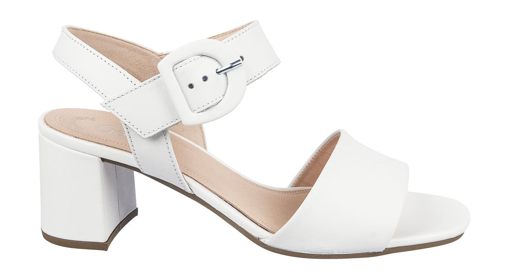 Gabor ladies 50mm heeled sandals in white nappa leather.  Thomas Patrick Shoes.