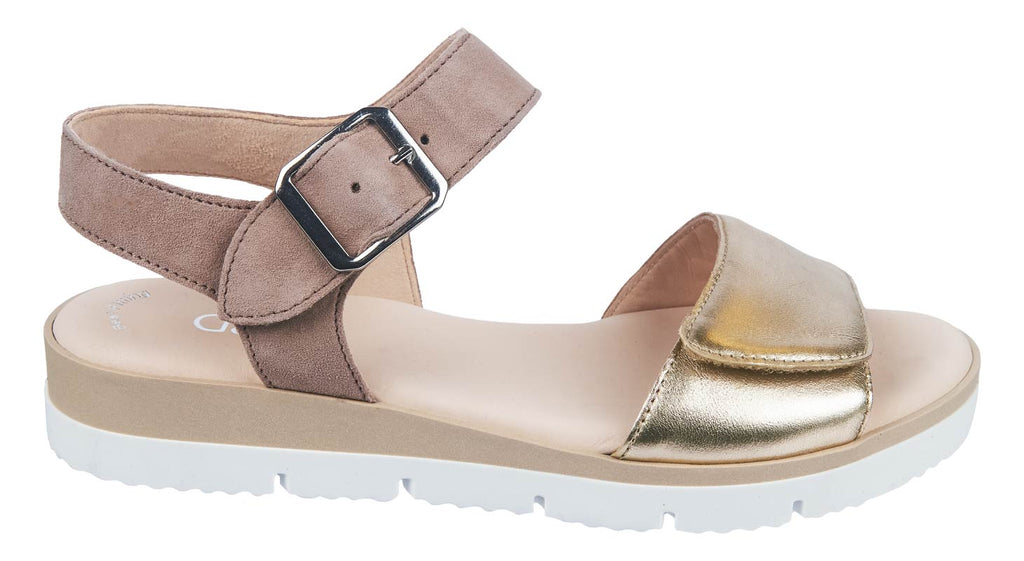 Gabor ladies sandals in pale gold leather and beige suede