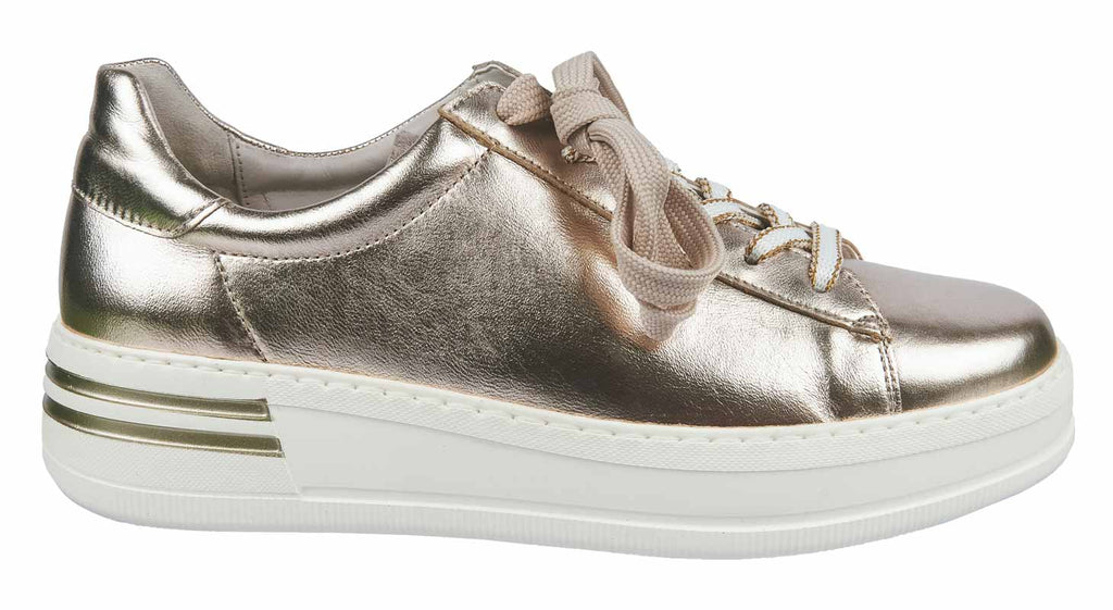Gobor ladies trainers in gold leather with a white sole.
