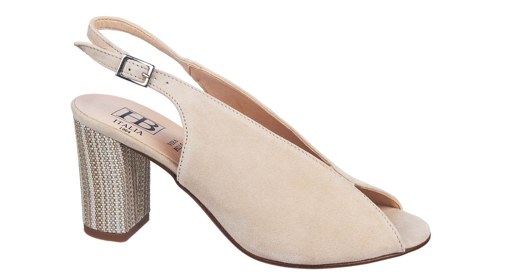 Beige suede ladies open toe sandals with heel at Thomas Patrick Shoes