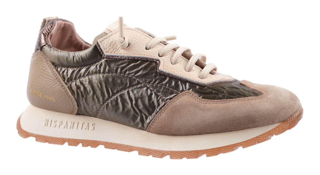 Taupe leather, suede and fabric trainer
