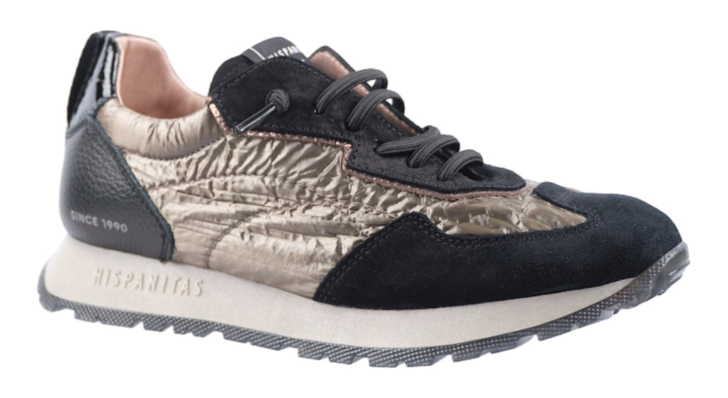 Black leather and suede trainer with pewter fabric