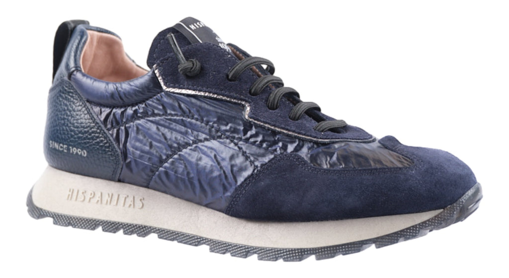 Navy leather, suede and fabric trainers