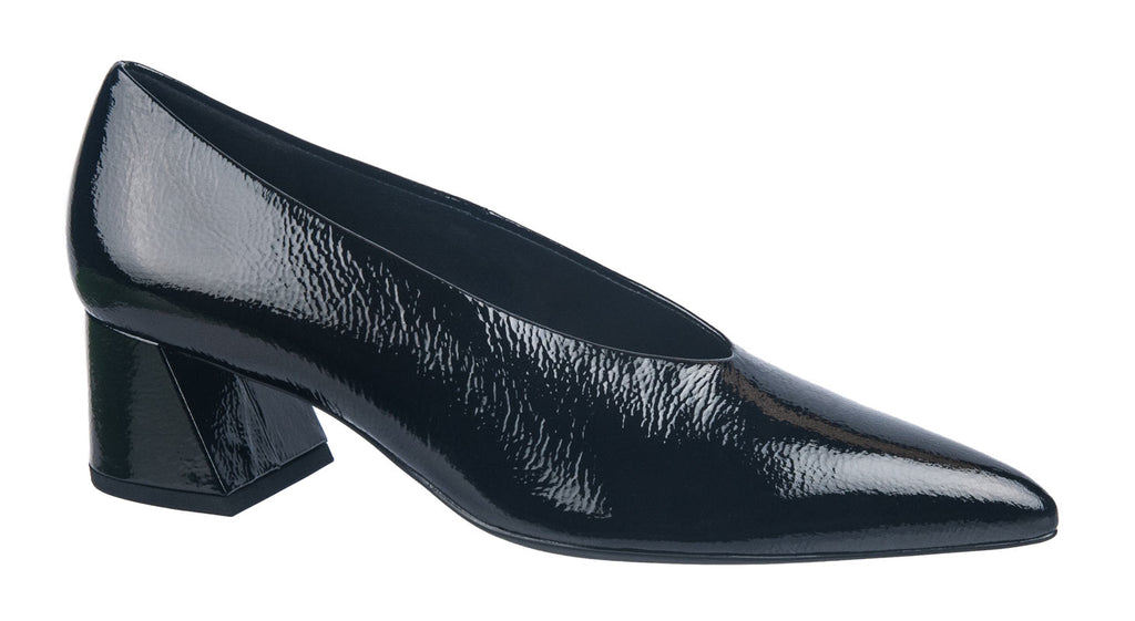 Hogl black soft patent leather court shoe with a 50mm heel.