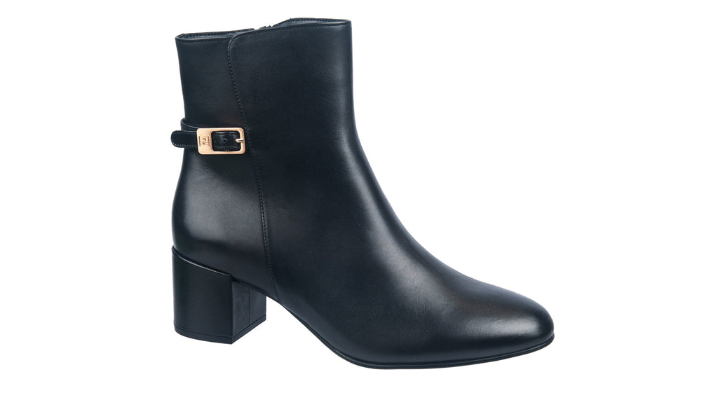 Hogl black leather heeled ankle boot with buckle detailing
